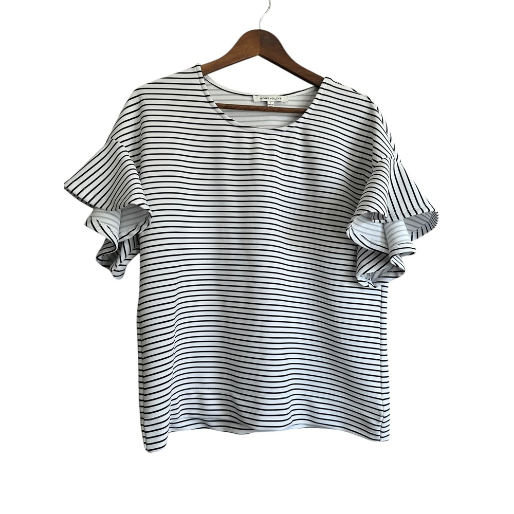 ROSE OLIVE Striped Ruffle Sleeve Top Women's Size Large Black‎ White Casual